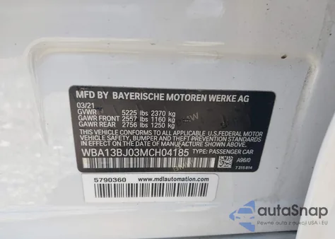 2021 BMW 530I xDrive из США, поврежденный, VIN WBA13BJ03MCH04185